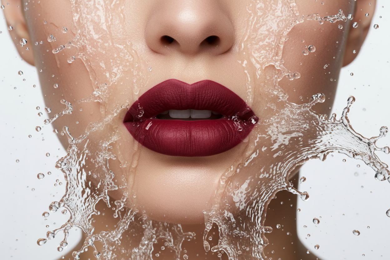 MATTE LIPSTICK ON A BEAUTIFUL WOMANS LIPS SPLASHED BY WATER