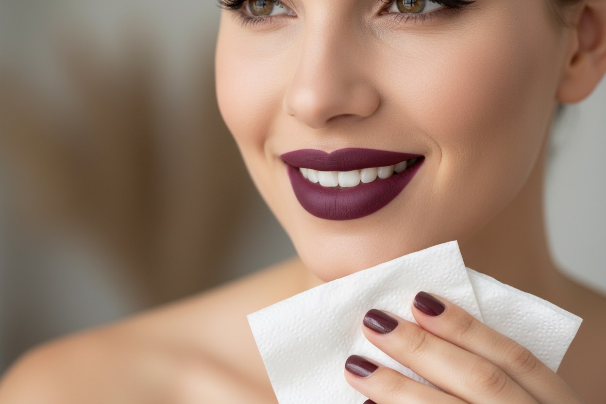 SHOW A BEAUTIFUL LIGHT SKIN BLACK WOMAN WITH MATTE LIPSTICK ON, SHOW TAT THE LIPSTICK IS SMUDGE PROOF 